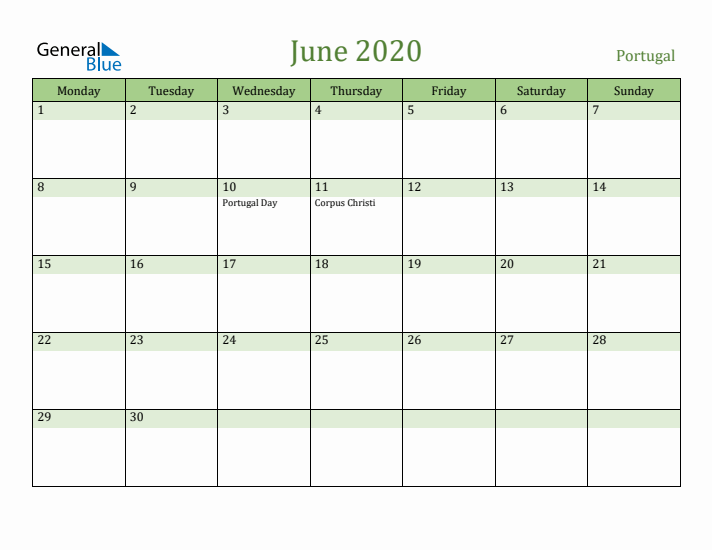 June 2020 Calendar with Portugal Holidays