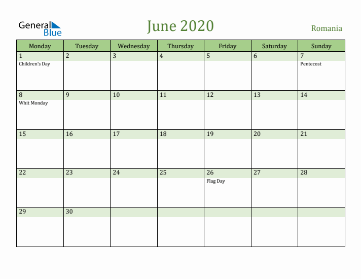 June 2020 Calendar with Romania Holidays