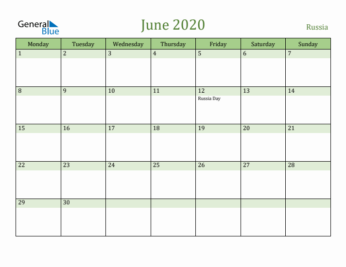 June 2020 Calendar with Russia Holidays