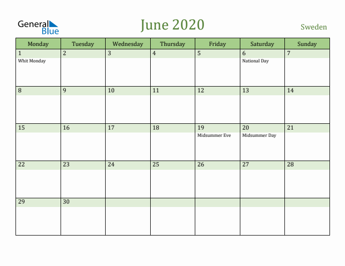 June 2020 Calendar with Sweden Holidays