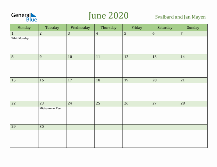 June 2020 Calendar with Svalbard and Jan Mayen Holidays
