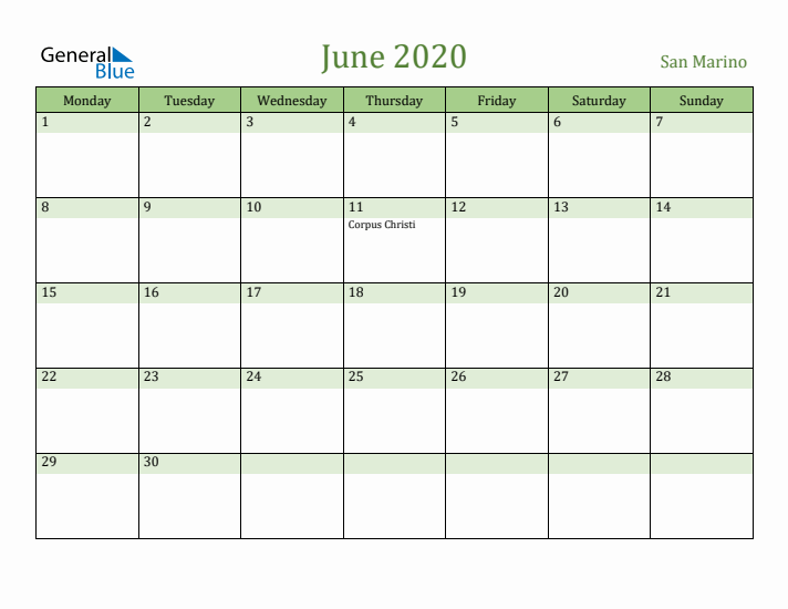 June 2020 Calendar with San Marino Holidays