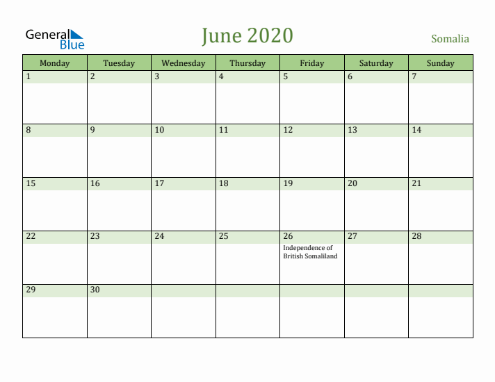 June 2020 Calendar with Somalia Holidays