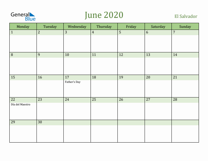 June 2020 Calendar with El Salvador Holidays