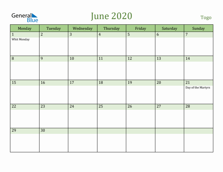 June 2020 Calendar with Togo Holidays