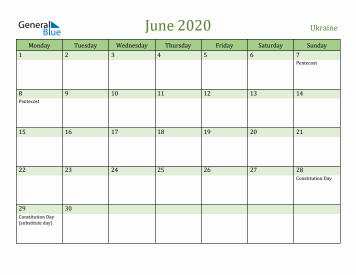 June 2020 Calendar with Ukraine Holidays