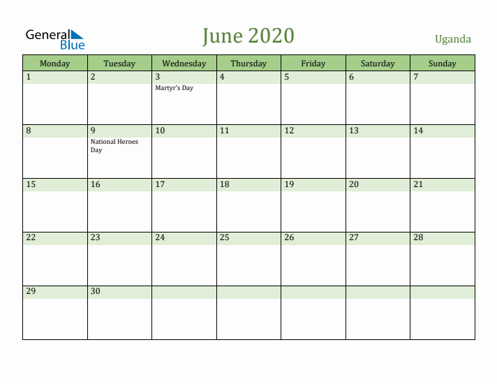 June 2020 Calendar with Uganda Holidays