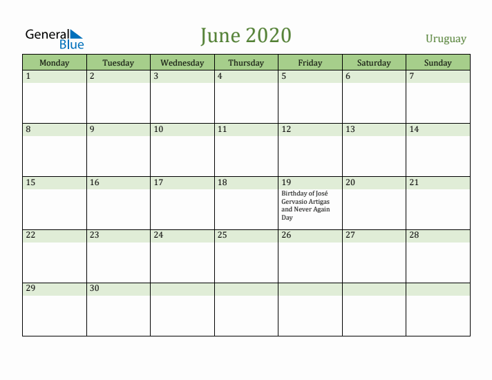 June 2020 Calendar with Uruguay Holidays