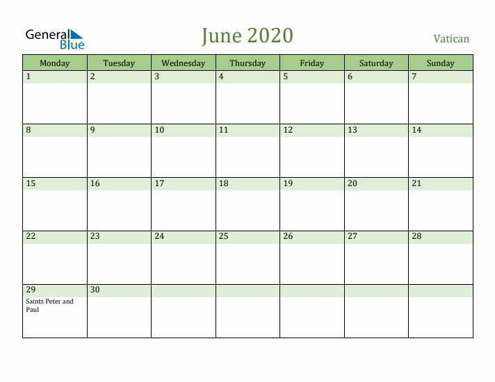 June 2020 Calendar with Vatican Holidays