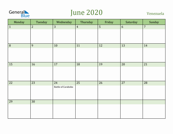 June 2020 Calendar with Venezuela Holidays