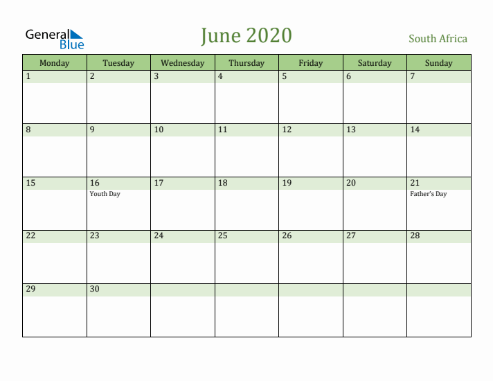 June 2020 Calendar with South Africa Holidays