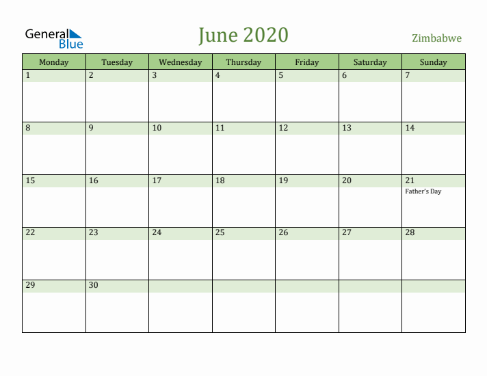 June 2020 Calendar with Zimbabwe Holidays