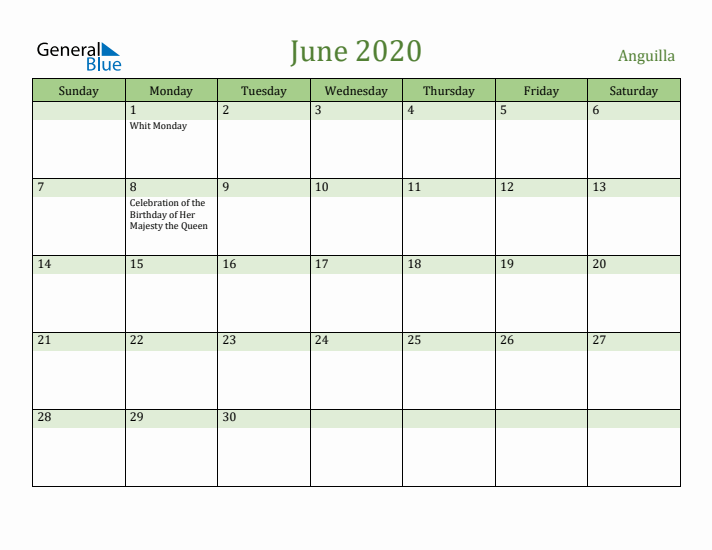 June 2020 Calendar with Anguilla Holidays