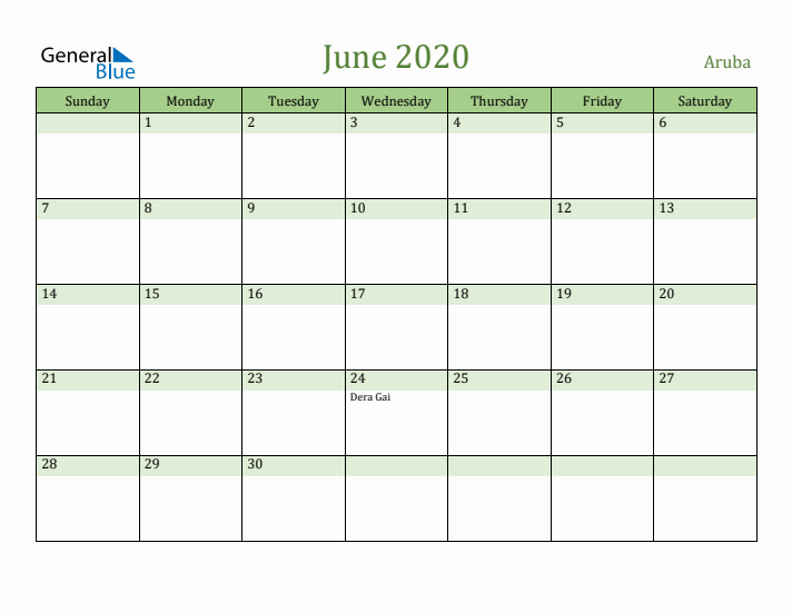 June 2020 Calendar with Aruba Holidays