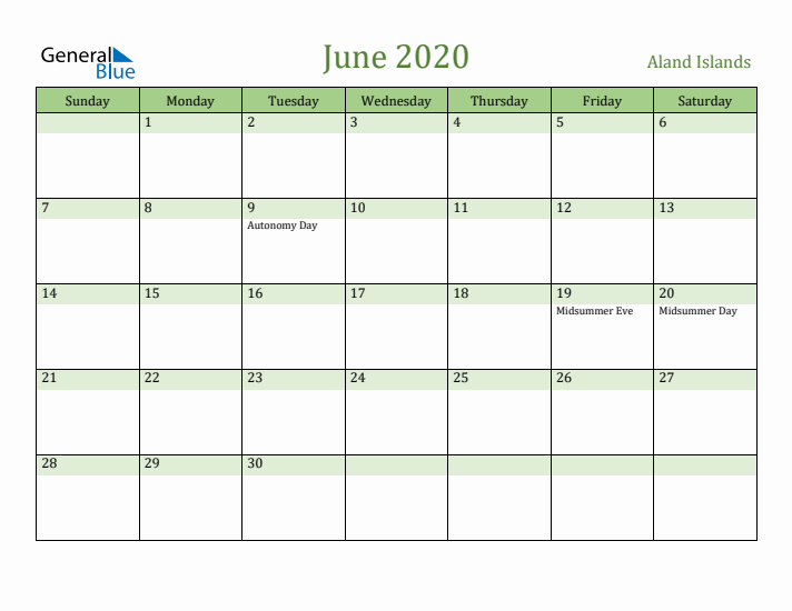 June 2020 Calendar with Aland Islands Holidays