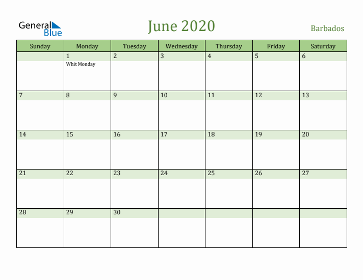 June 2020 Calendar with Barbados Holidays