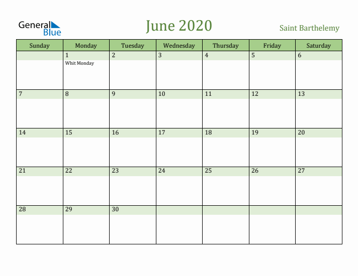 June 2020 Calendar with Saint Barthelemy Holidays