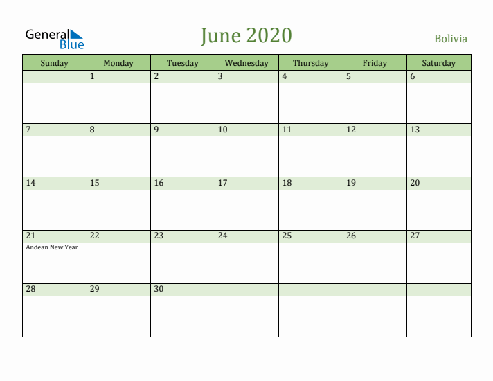 June 2020 Calendar with Bolivia Holidays
