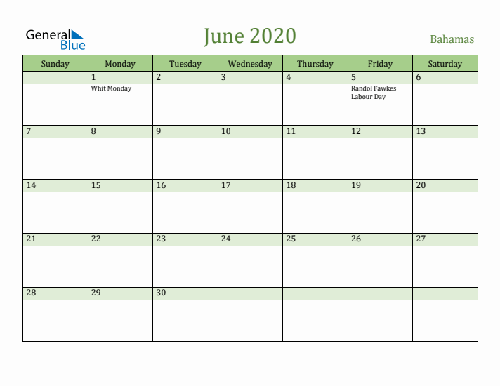 June 2020 Calendar with Bahamas Holidays