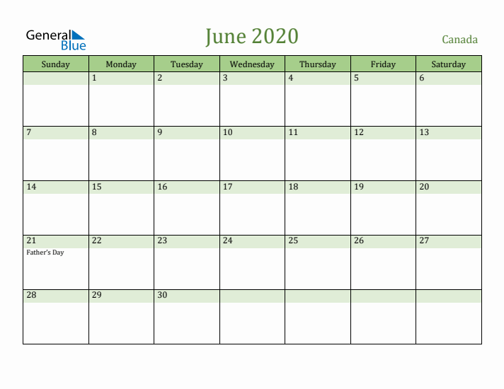 June 2020 Calendar with Canada Holidays