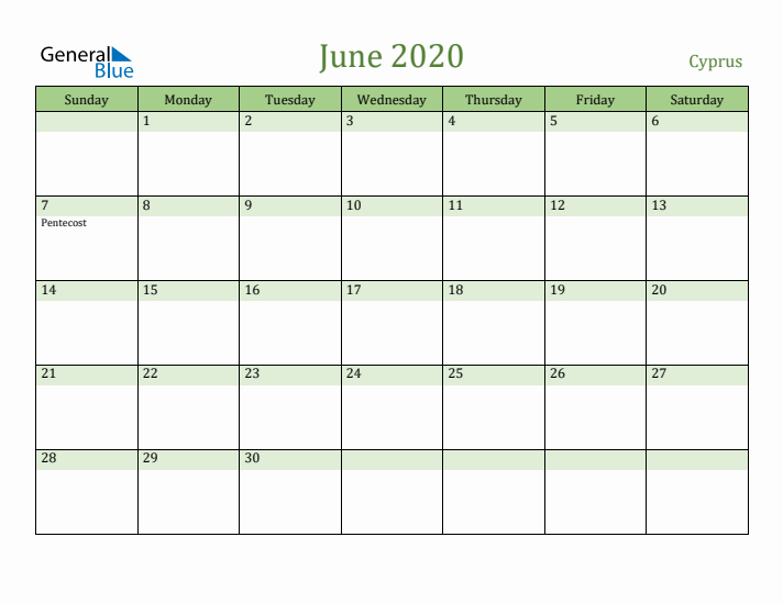 June 2020 Calendar with Cyprus Holidays
