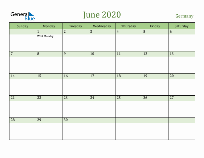 June 2020 Calendar with Germany Holidays