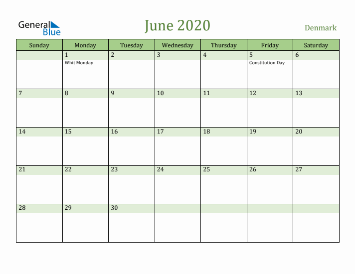 June 2020 Calendar with Denmark Holidays