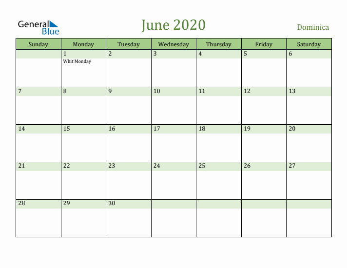 June 2020 Calendar with Dominica Holidays