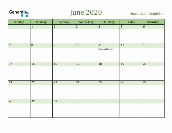 June 2020 Calendar with Dominican Republic Holidays