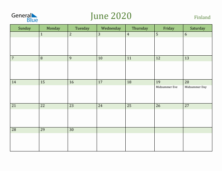 June 2020 Calendar with Finland Holidays