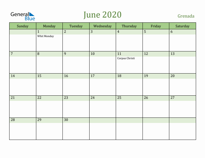 June 2020 Calendar with Grenada Holidays