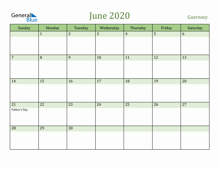 June 2020 Calendar with Guernsey Holidays