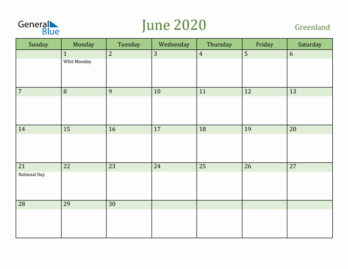 June 2020 Calendar with Greenland Holidays