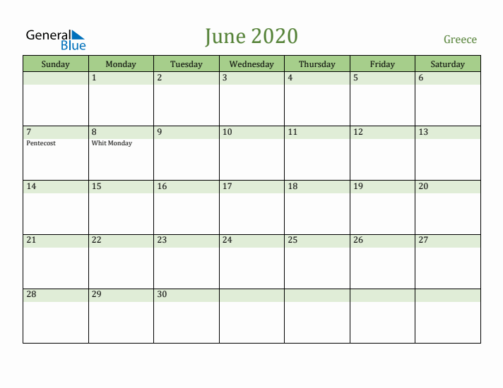 June 2020 Calendar with Greece Holidays