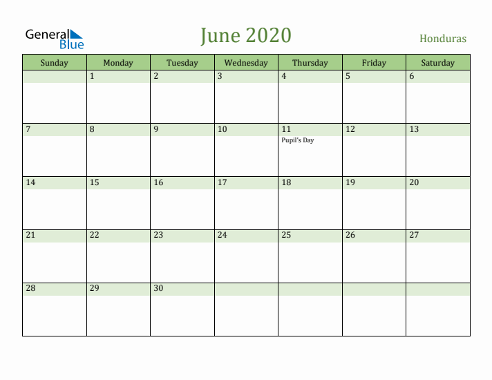 June 2020 Calendar with Honduras Holidays