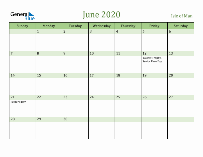 June 2020 Calendar with Isle of Man Holidays