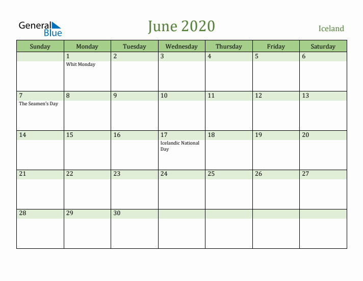 June 2020 Calendar with Iceland Holidays