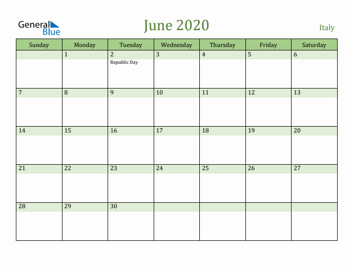 June 2020 Calendar with Italy Holidays