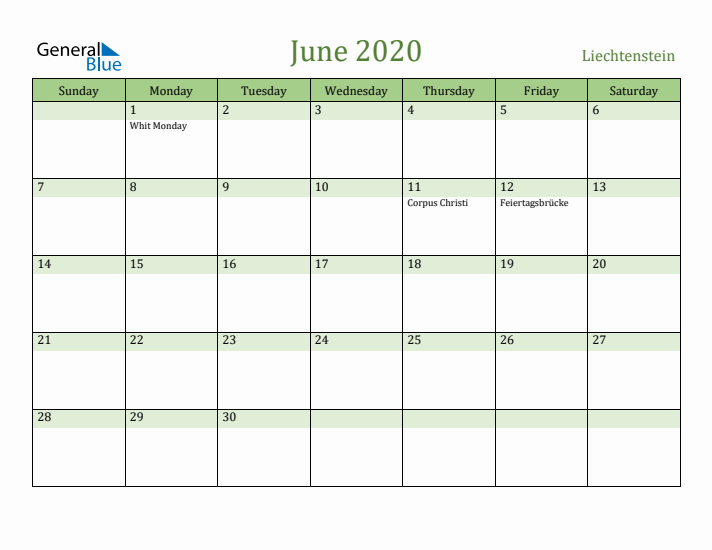 June 2020 Calendar with Liechtenstein Holidays