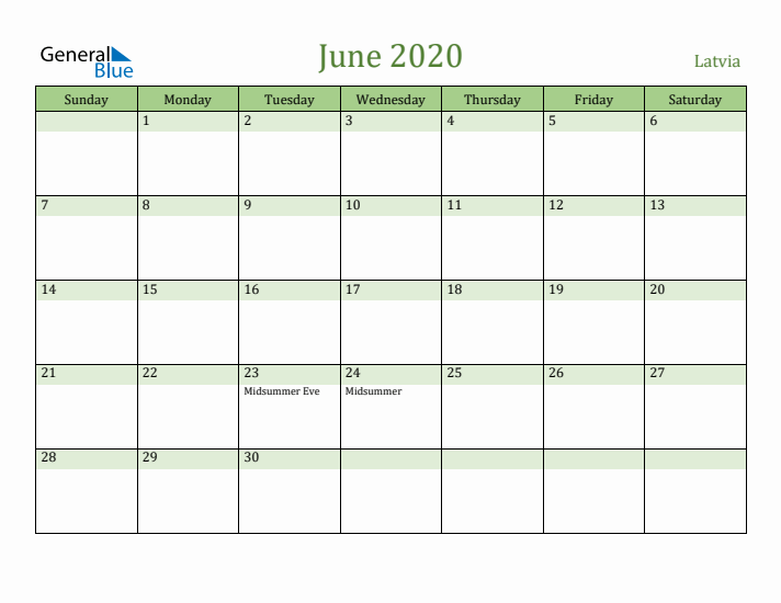 June 2020 Calendar with Latvia Holidays