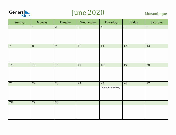 June 2020 Calendar with Mozambique Holidays