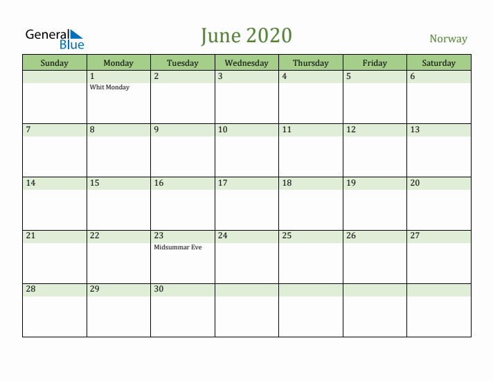 June 2020 Calendar with Norway Holidays