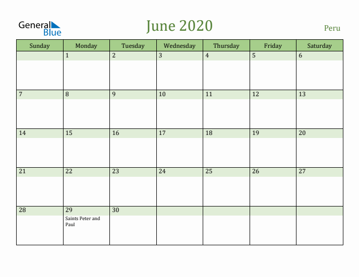 June 2020 Calendar with Peru Holidays