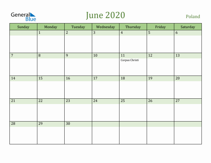 June 2020 Calendar with Poland Holidays