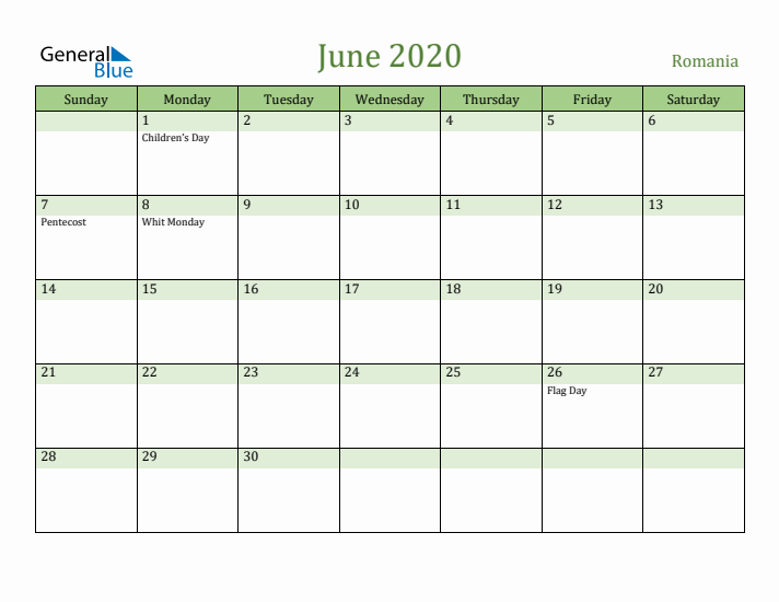 June 2020 Calendar with Romania Holidays
