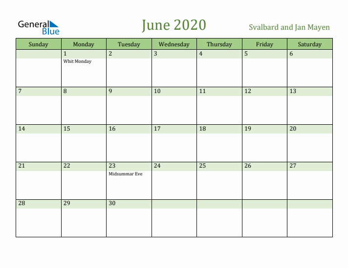 June 2020 Calendar with Svalbard and Jan Mayen Holidays