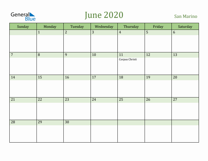 June 2020 Calendar with San Marino Holidays