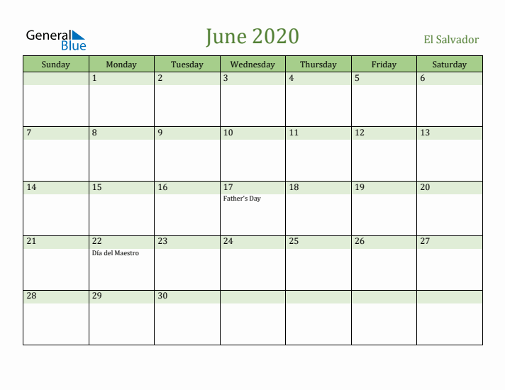 June 2020 Calendar with El Salvador Holidays