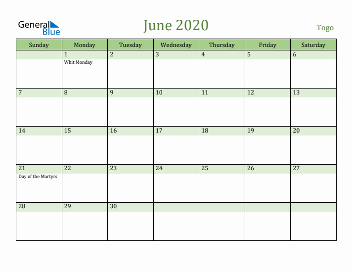 June 2020 Calendar with Togo Holidays