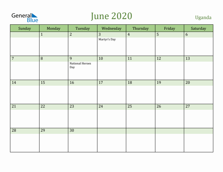 June 2020 Calendar with Uganda Holidays